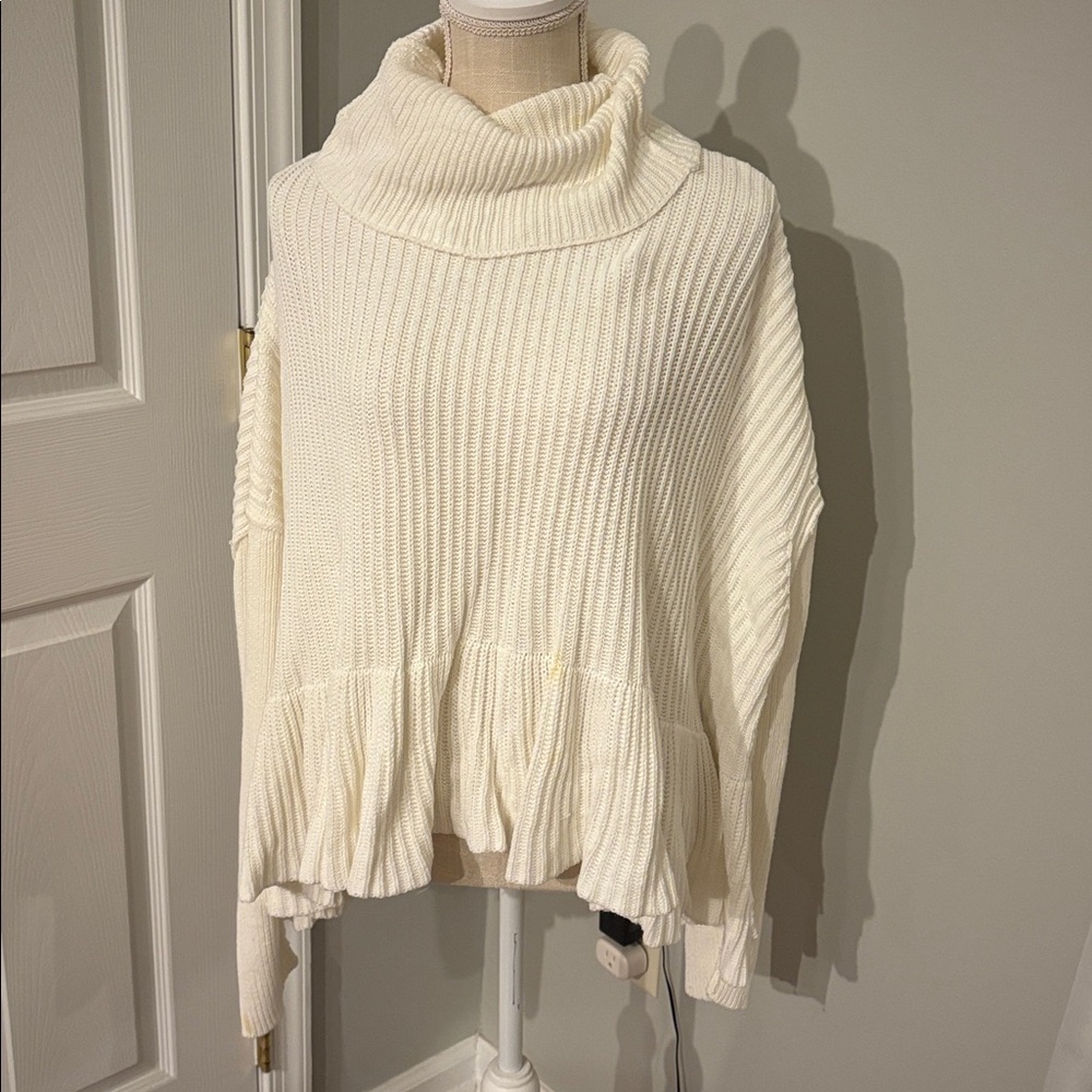 Free People Cozy Cream Turtleneck Ruffle Peplum Sweater